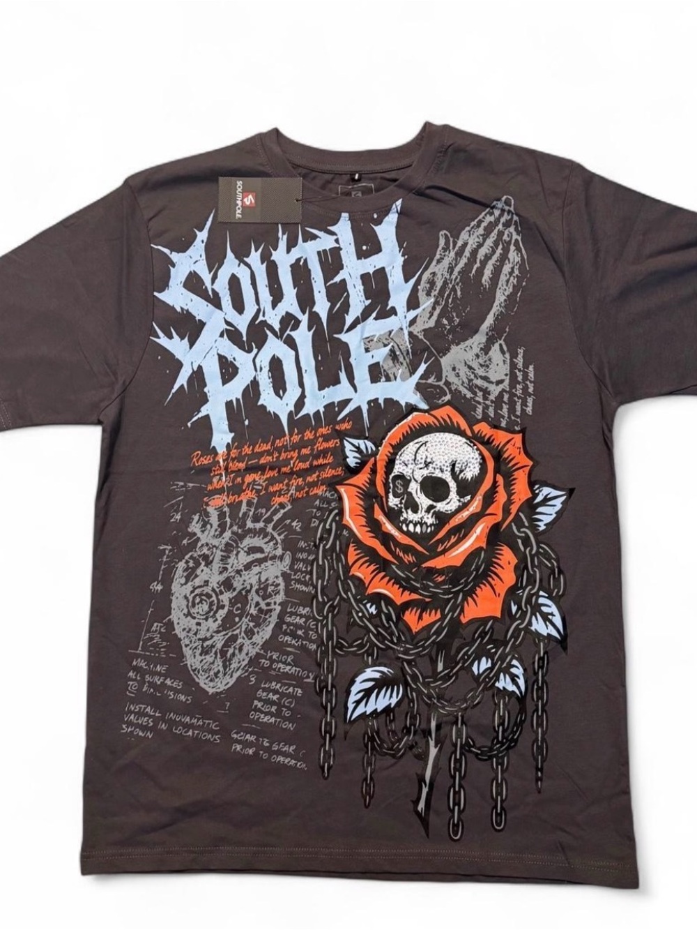 Southpole Skull Rose Rhinestone Graphic Tee Graphite Size L NWT